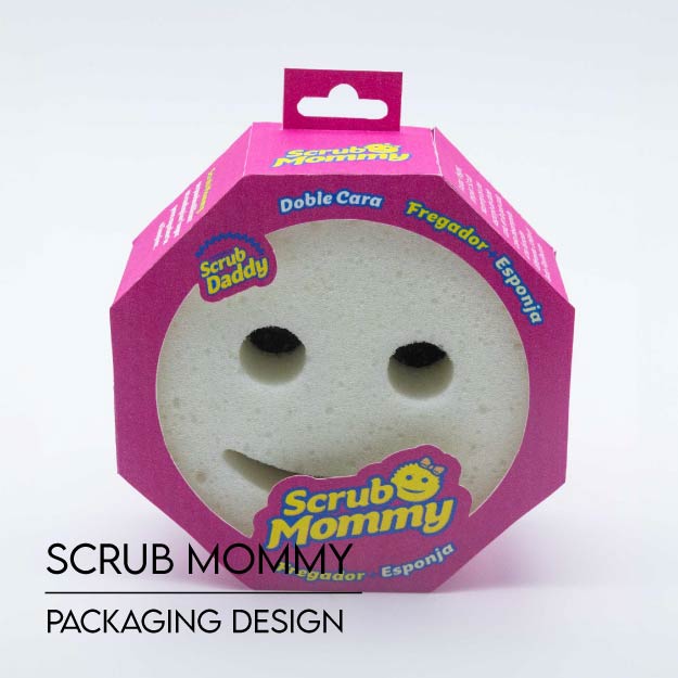 Packaging design for Scrub Mommy, Premium Wonder Wash up, and Magic Multisurface Cleaner.